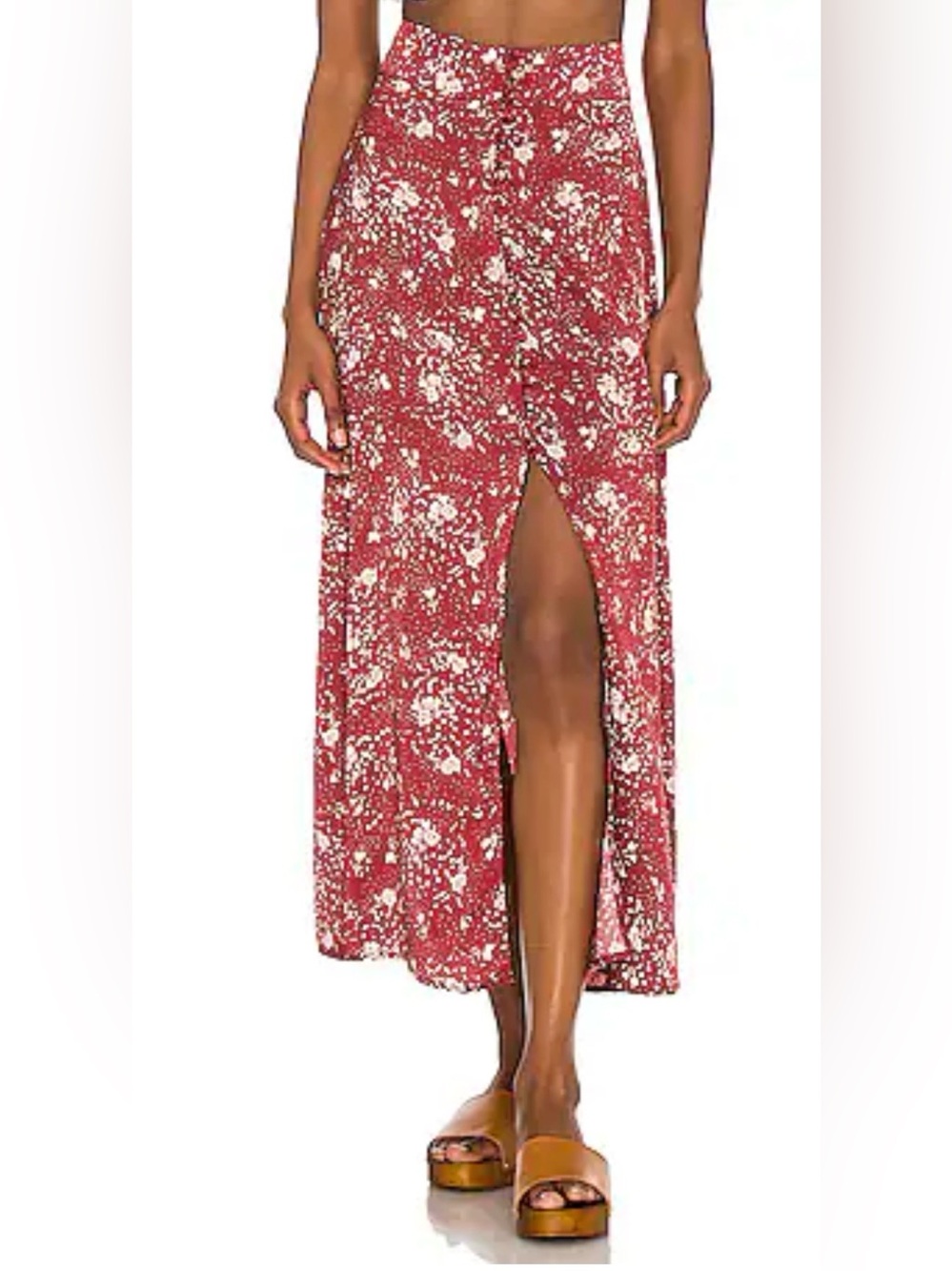 Free People Red Floral Maxi Skirt with Front Slit